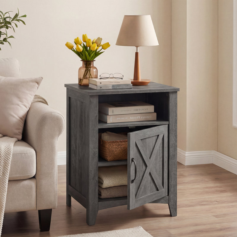 Bauman 18" W Farmhouse Nightstand with Storage Cabinet and Open Shelf, Misty Gray, Individual