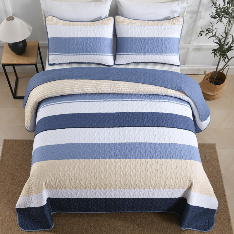 Ensemble de courtepointe à rayures 3 pièces Boho, Bleu, Courtepointe pour lit grand + deux taies décorati