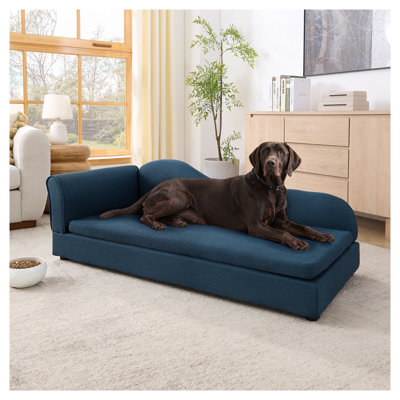 Canapé surdimensionné moderne pour animaux de compagnie pour grands chiens - Canapé en lin bleu foncé avec dossier ondulé et accoudoir simple