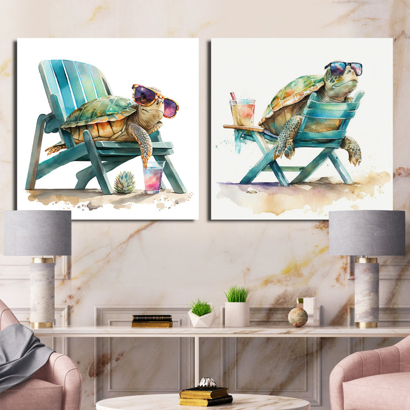 Tortue allongée sur une chaise de plage avec lunettes de soleil - Ensemble de 2 animaux carrés, Toile tendue
