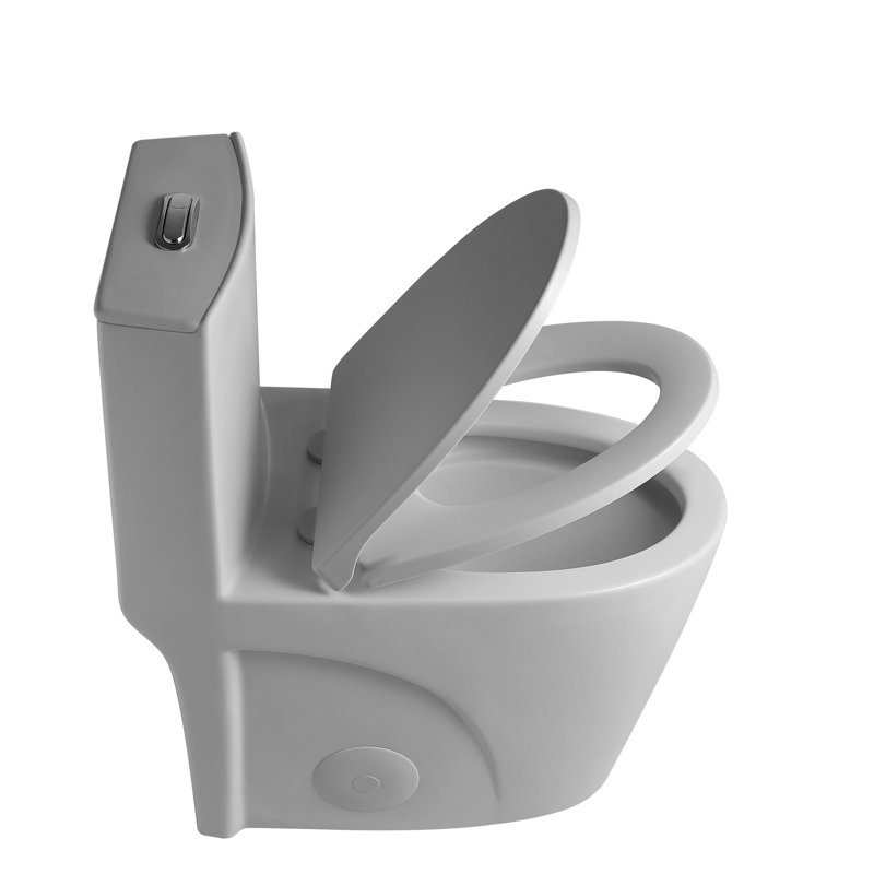 Une toilette avec double chasse d'eau 001. Siège à fermeture en douceur 1,1 / 1,6. Eau, bol allongé. Hauteur, en céramique grise Chasse, hauteur. Pour la catégorisation
