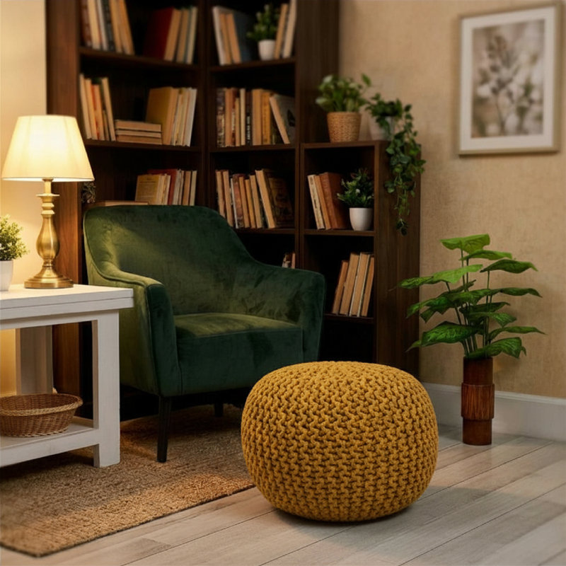 Pouf rond tricoté - Repose-pieds et coussin de sol en tricot épais, Jaune