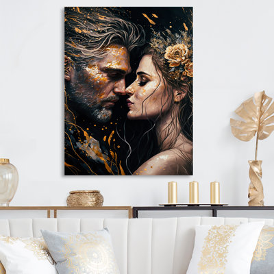 «Black and Gold Couple Kissing Art II», art mural traditionnel sur toile