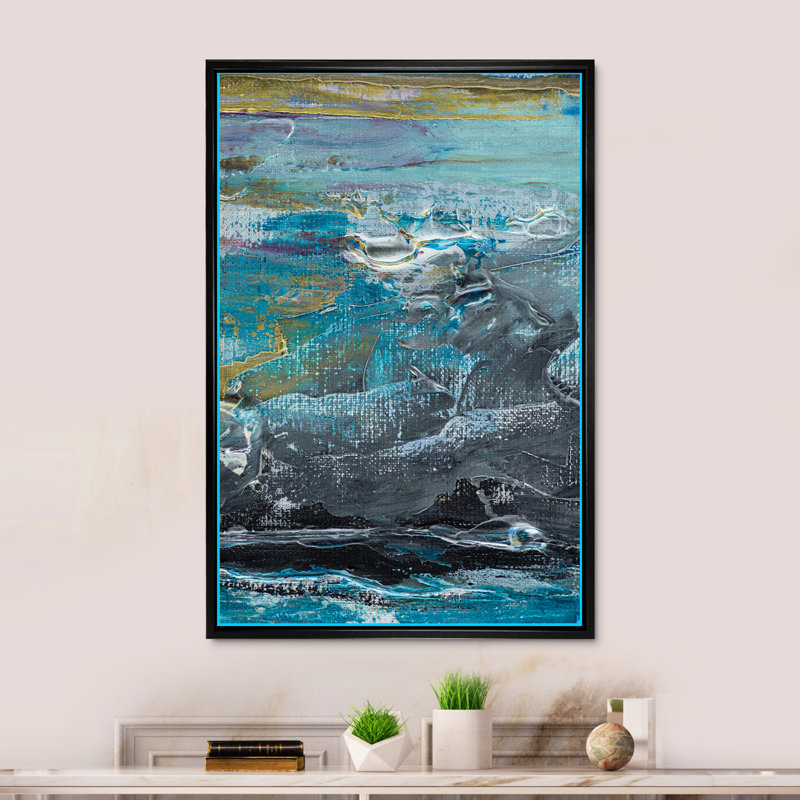 Artistic Blue Grey Brush Strokes - reproduction d'art sur toile encadrée, H 36 po x l 24 po x P 1 po, Cadre flottant noir