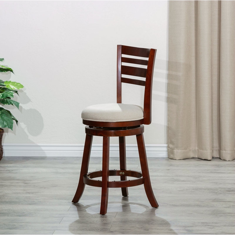 Tabouret pivotant à dossier et à lattes de 24 po de hauteur comptoir, finition cerisier, siège en tissu beige, Brun, Beige