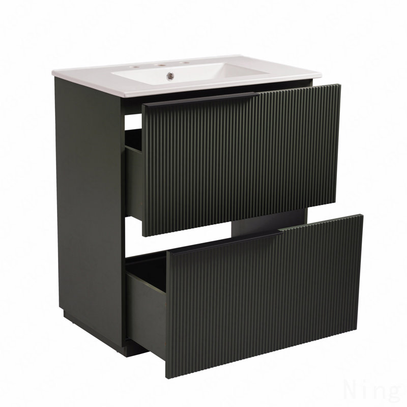 30" Bathroom Vanity With Ceramic Sink, Full-Extension Drawers, Fluted Design, Soft Close Undermount Drawer Slides, Green