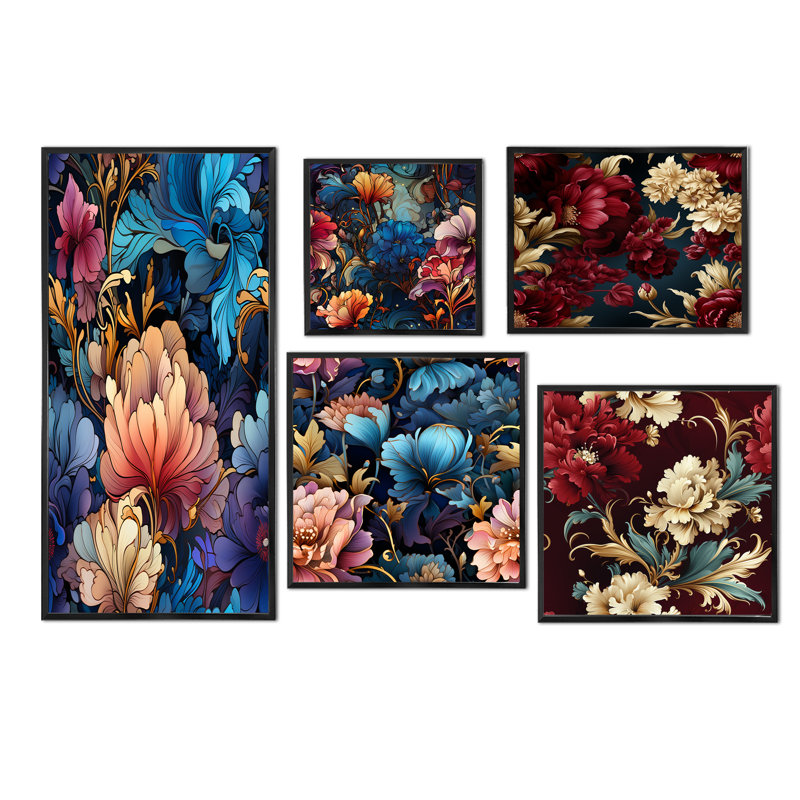 Kaleen - Ensemble de 5 impressions sur toile florales, Cadre flottant noir