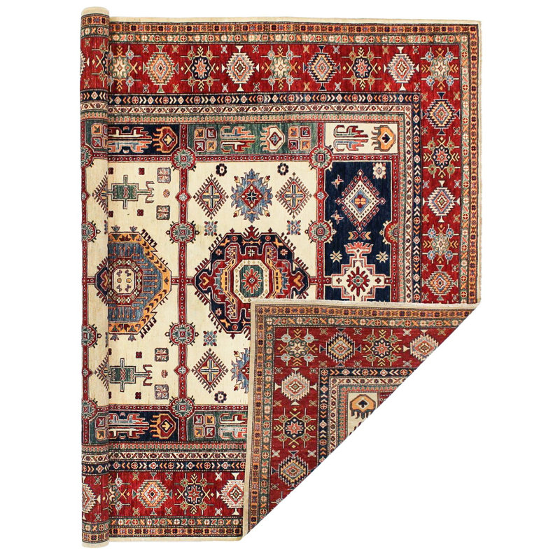 Tapis unique en laine ivoire / rouge 9 pi x 11 pi 11 po Tribal One-of-a-Kind Tribal