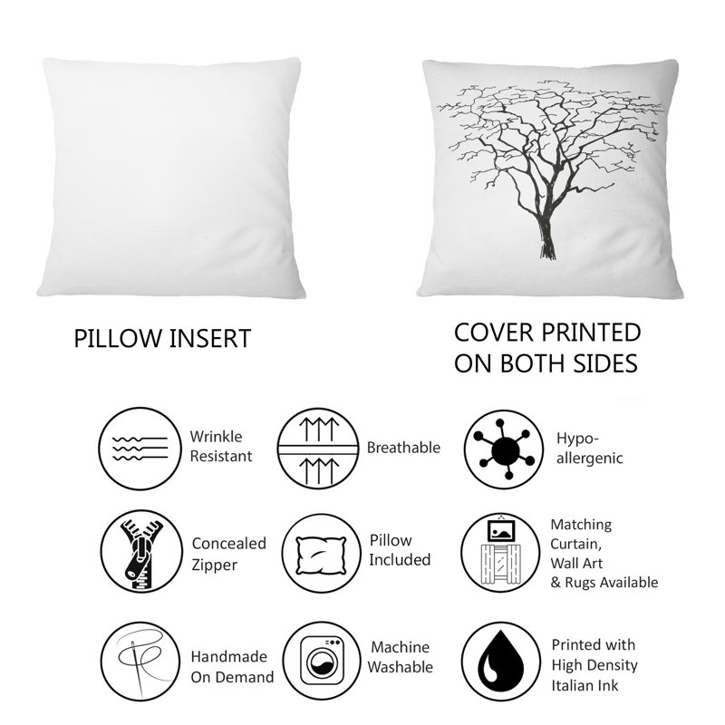 Arbres graphiques noir et blanc - coussin décoratif imprimé traditionnel, 16 po x 16 po
