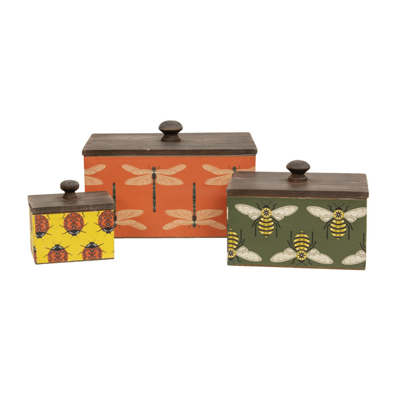 3/Set - Garden Bugs Metal Boxes w/Wood Lids