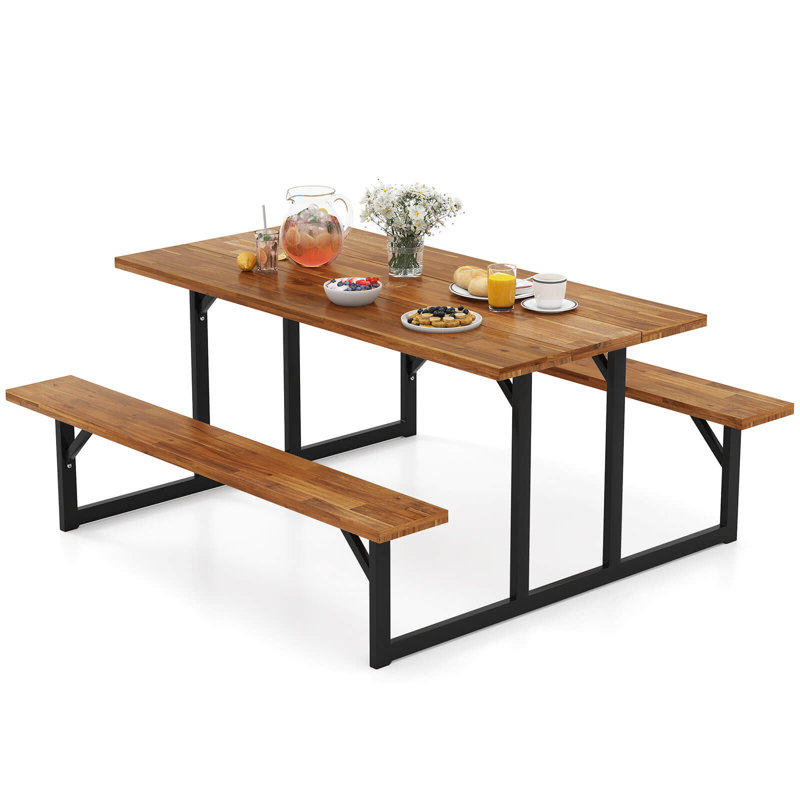 Table de pique-nique en bois d'acacia pour 6 personnes avec 2 bancs de parasol intégrés et structure en métal