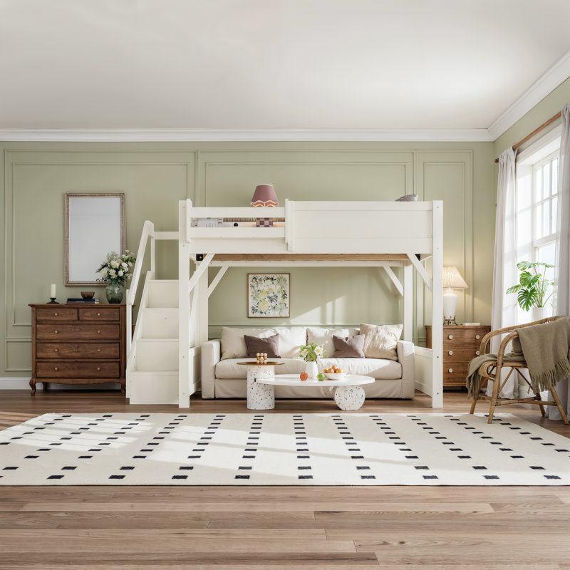 Lit mezzanine en bois pleine grandeur avec garde-robe intégrée et tablettes de rangement Escaliers pleine grandeur sans sommier - beige