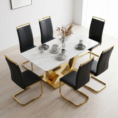 Aurora Morden Mid-Century 63" Rectangular Dining Table Set with Faux Leather Chairs