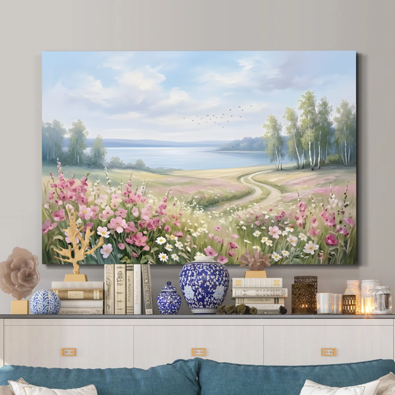 Spring Awakening' Impressionist Meadow Landscape Framed Canvas