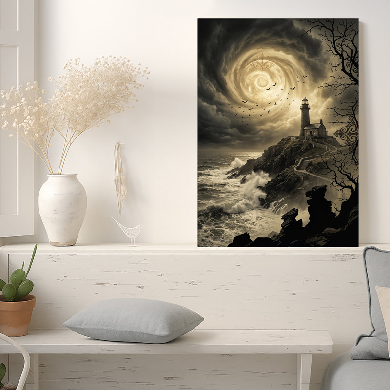 Art sur toile, "Phare sur une falaise orageuse avec lune tourbillonnante", 24"H x 16"W
