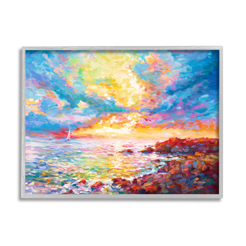 Coucher de soleil méditerranéen sur la côte de l'océan par Leon Devenice, H 11 po x l 14 po x P 1,5 po