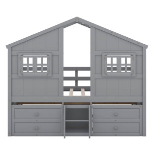 Full Size House Loft Bed, Wooden House Bed Frame With 4 Drawers, Roof, Window, Ladder And Safety Guardrails