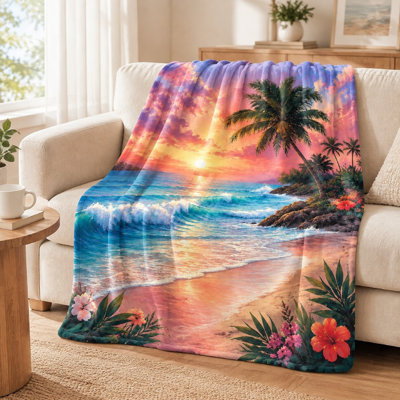 1Pcs Tropical Beach Sunset Print Flannel Blanket – Vibrant Scene, Ocean Waves, Palm Trees, Coastal Scenery, Decorative Home Accent, Cozy Throw for Sofa and Bed, Perfect Summer Vibes Relaxation;Available in Multiple SizesIdeal Li