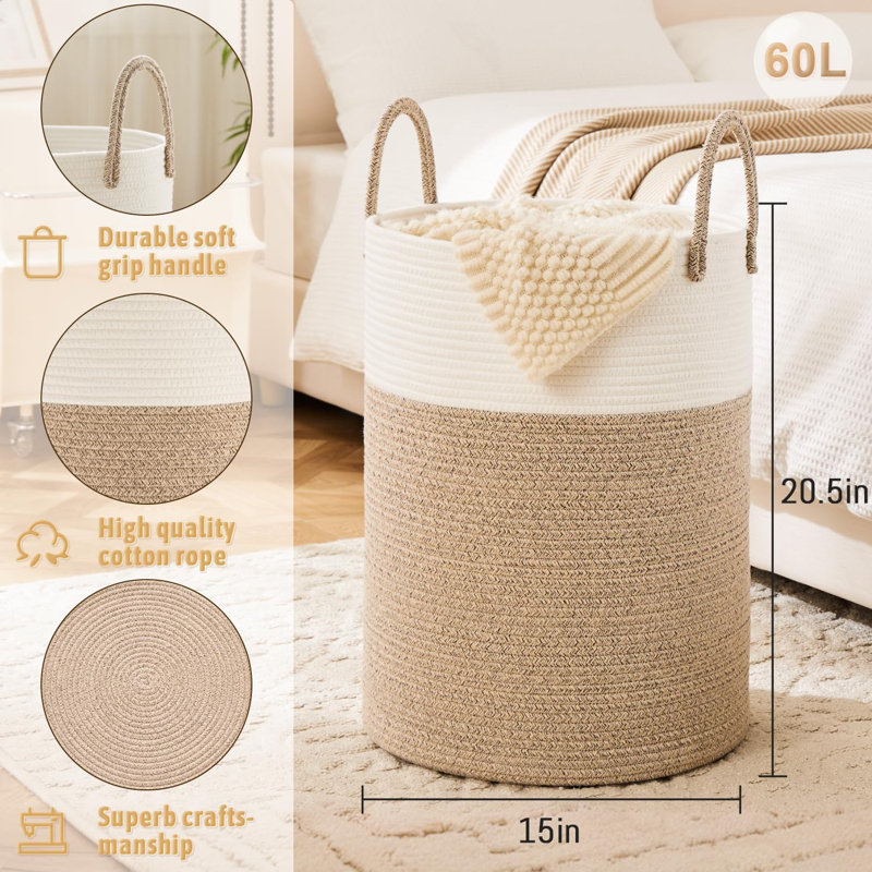 60l Woven Cotton Rope Laundry Basket Brown