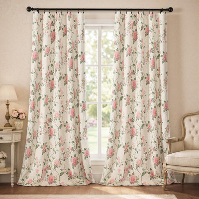 Vintage Floral Blackout Curtains 84 Inch, 2 Panels Spring Linen Texture Farmhouse Drapes For Living Room Bedroom Printed Flower Design Rod Pocket