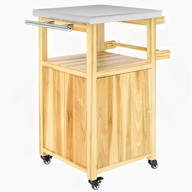 Îlot de cuisine en bois, chariot de barbecue extérieur, avec plateau en acier inoxydable, roues, trou intégré