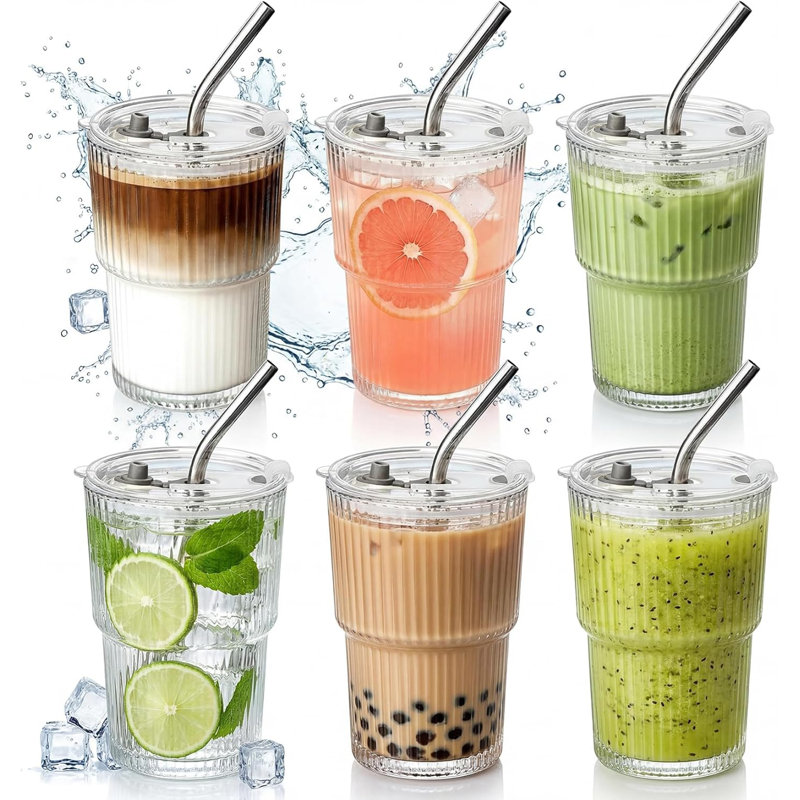 Gobelet transparent en verre nervuré avec couvercle et paille - Tasse à café glacée réutilisable 16 oz, verre à rayures verticales pour jus, thé à bulles, smoothies