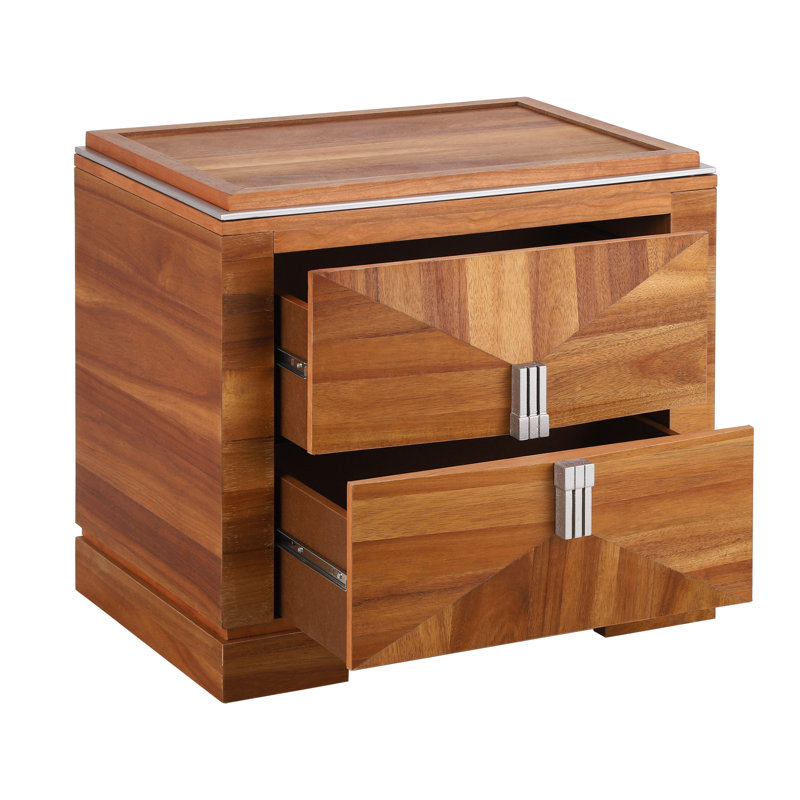 Orion Mid-Century Modern Wood Nightstand With Diamond-Pattern Drawers And Silver Accents, Light Brown, Single