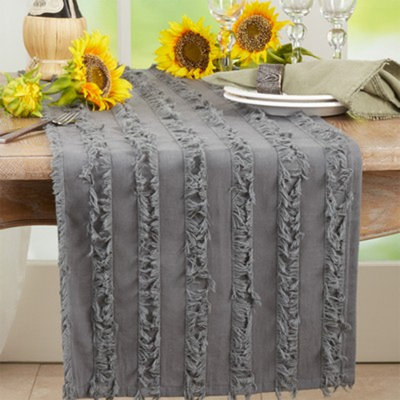 Beige Fringe Stripe Cotton 15"x72" Table Runner