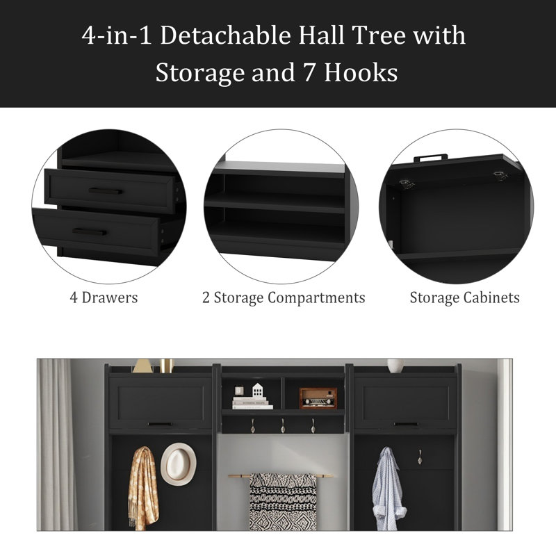 Portemanteau amovible 4 en 1 avec rangement et 7 crochets, portemanteau multifonctionnel avec tiroirs et armoire de rangement, banc à chaussures pour le vestibule