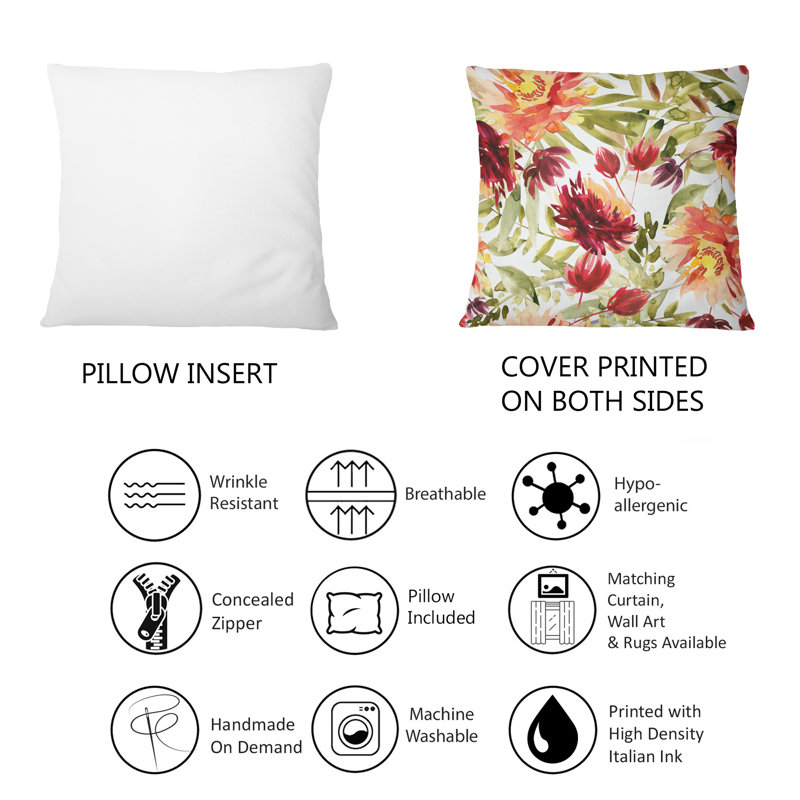 Coussin décoratif à motif de fleurs orange et rouge sur fond blanc 1