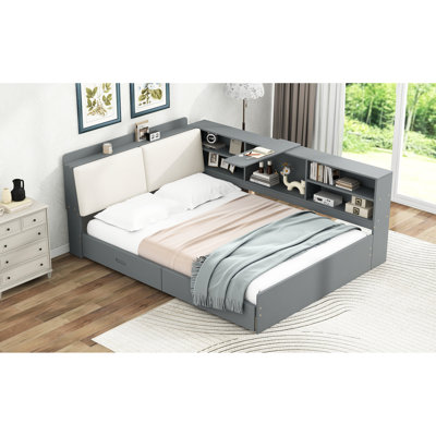 Full Size Gray Wood Platform Bed With Storage Headboard, Shelves, 2 Drawers And High - Quality Function Rotatable For Media Use