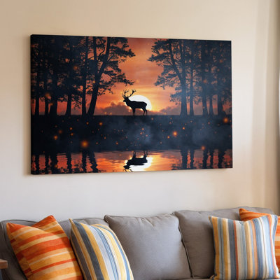 Canvas A Majestic Stag Stands In A Serene Forest Setting Silhouetted Wall Art Against A Dramatic Sunset That Casts Vibrant Hues Of Canvas Wall Art