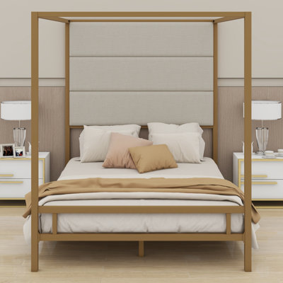Metal 4-Poster Canopy Bed with Upholstered Headboard