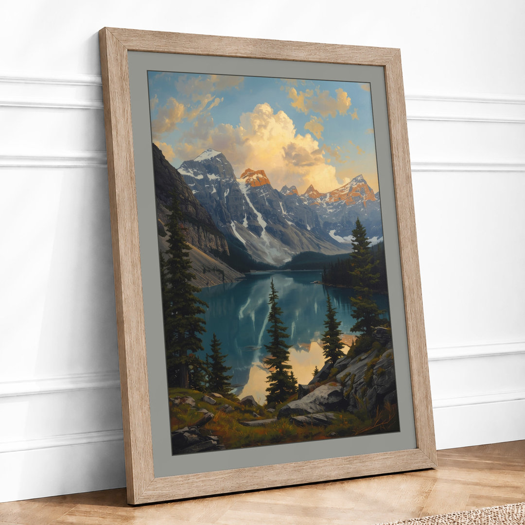 Alpine Lake at Sunrise Scandinavian - Framed Print