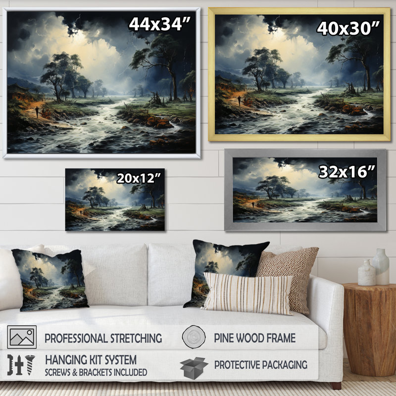 Tempête verte, déluge torrentiel sur toile, Cadre flottant noir, H 34 po x l 44 po x P 1,5 po