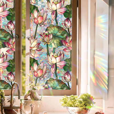 Vitrail vitrail résistant aux rayons UV Film d'intimité pour fenêtre Lotus Floral intimité décalcomanies arc-en-ciel salon chambre à coucher bloquant le soleil amovible amovible autocollants statiques 17 x 78,74 pouces