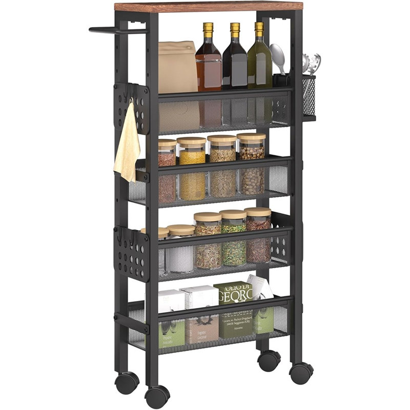 Chariot de rangement roulant à 5 niveaux avec plateau en bois, étagère mobile étroite avec structure en métal et roulettes pour la cuisine, la salle de bain, la salle de lavage et les petits espaces
