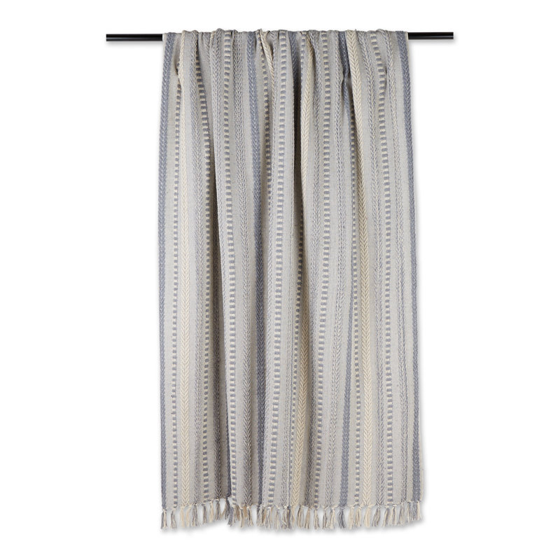 French Blue Cotton Braided Stripe Throw Blanket with Fringe