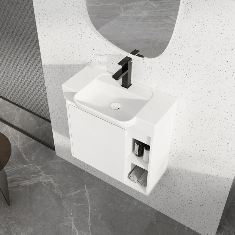 Meuble-lavabo mural 24 po avec lavabo en céramique blanche, porte à fermeture en douceur, 45 poignées cachées, emballage Kd, meuble-lavabo en contreplaqué, fonction, base