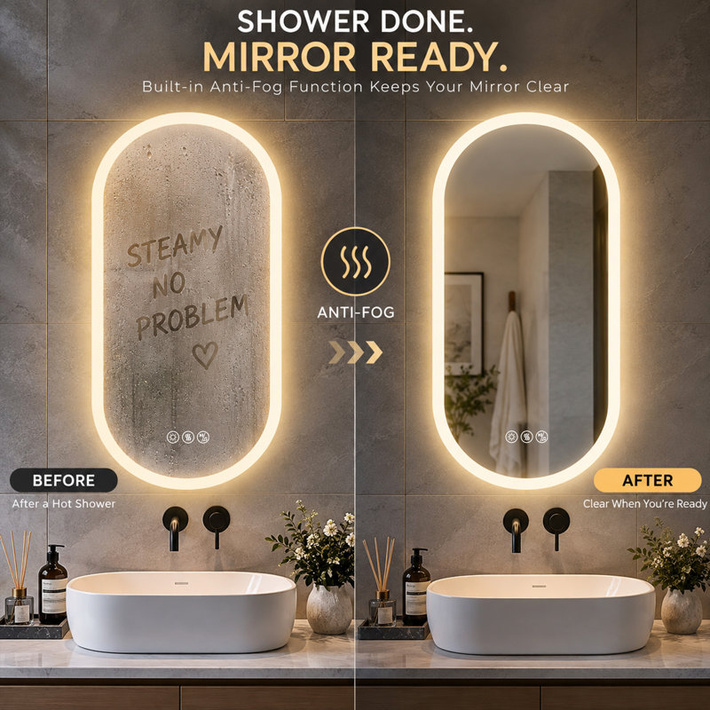 Miroir de salle de bain DEL 101,6 x 50,8 cm avec deux haut-parleurs Bluetooth pour petite salle de bain et salle d'eau, éclairage à intensité variable 3 couleurs, antibuée, fonction mémoire et tactile intelligent