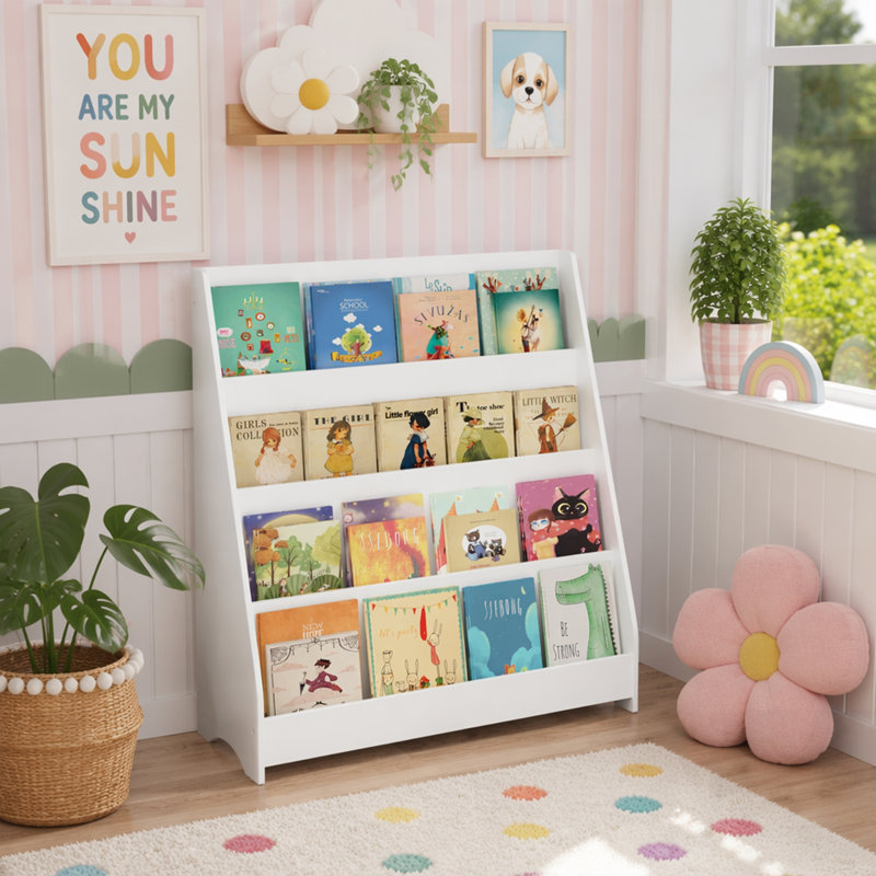 Bibliothèque pour enfants à 4 niveaux, tablettes pour livres pour tout-petits, aide à garder les chambres à coucher, les salles de jeux et les salles de classe organisées, panneau de fibres à densité moyenne
