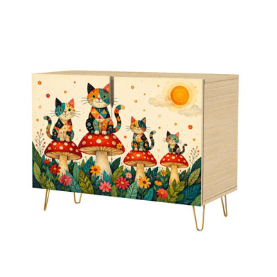 Buffet rouge moderne à motifs de chats et champignons, style jardin fantaisiste, avec 2 portes de rangement dissimulées. Meuble-la console d'appoint peu encombrant, idéal pour le salon, la cuisine, l'entrée ou le coin café.