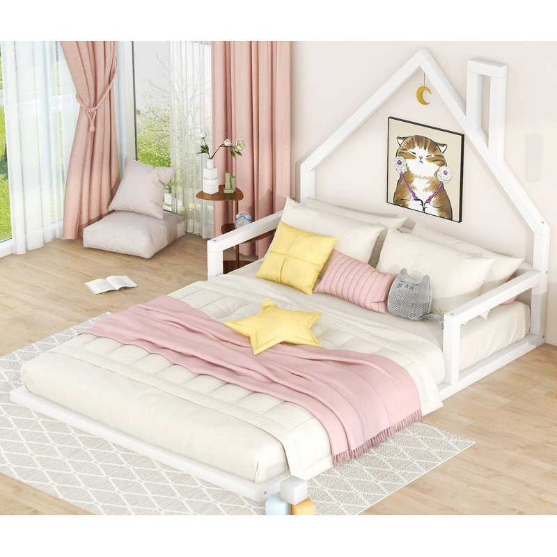 Lit double en bois avec tête de lit en forme de maison, blanc, Lit double
