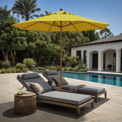 Parasol de patio en bois de teck de 9 pieds avec nervures en fibre de verre et poussoir en Sunbrella jaune tournesol