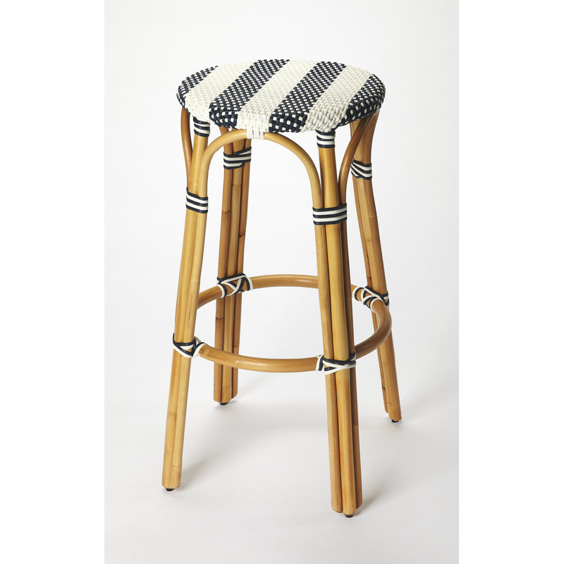 Tobias Rattan Bar Stool & Counter Stool, White/Navy Stripe/Natural Rattan Frame, Bar Stool (30" Seat Height)