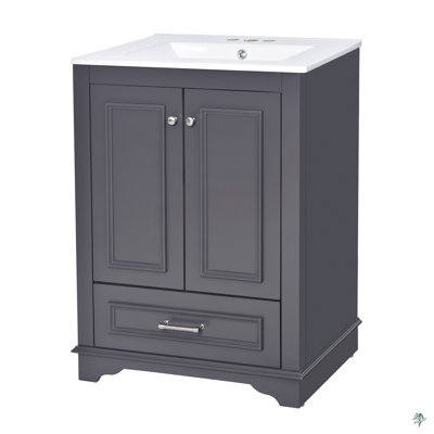 24'' Bathroom Vanity With Ceramic Sink Combo, Silver Handles, Soft Closing Doors