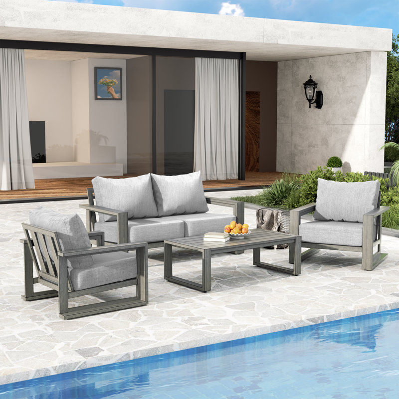 Adden 4-Piece Hand-Painted Aluminum Outdoor Conversation Set With Loveseat, Gray Cushions And Coffee Table, Gray