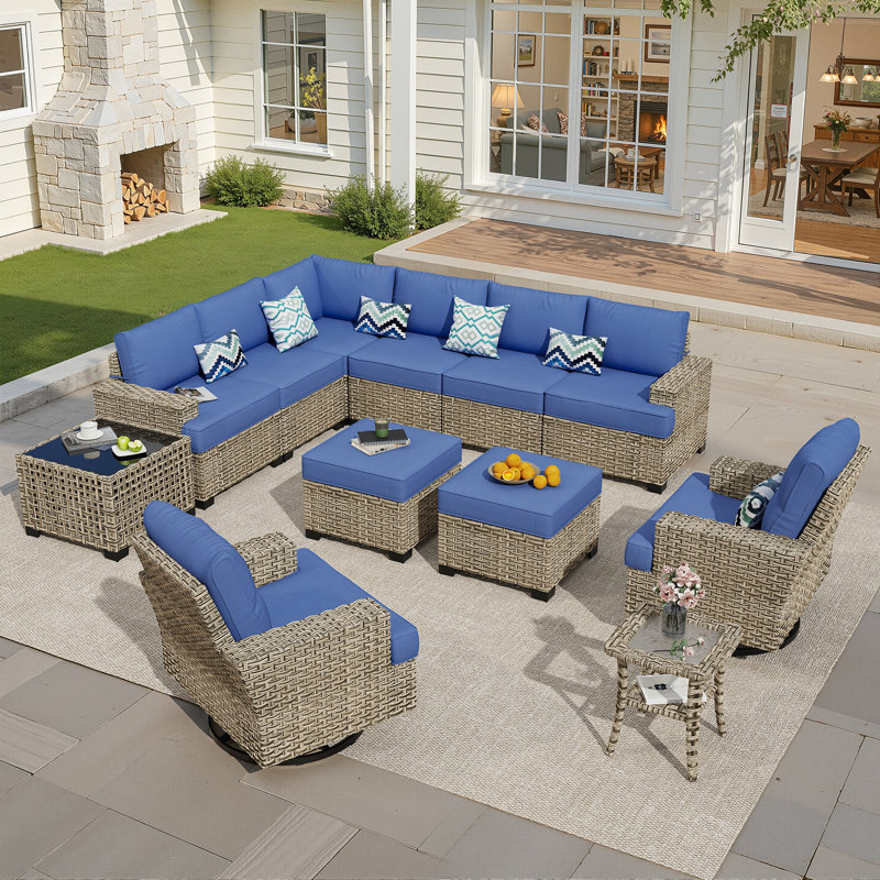 Tommy 10 - Person Outdoor Wicker Patio Conversation Furniture Set With Rocking Swivel Chairs, Navy, No