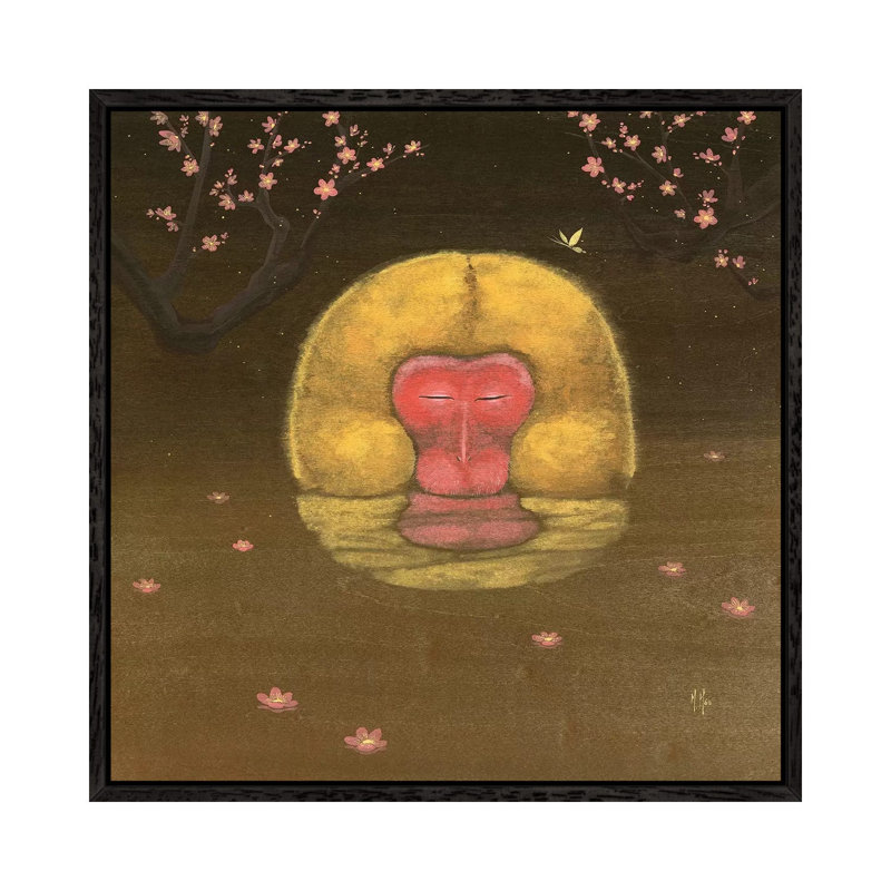 Monkey And Plum Blossoms by Martin Hsu - Print on Canvas, 66.04 cm H x 66.04 cm W, Black Framed