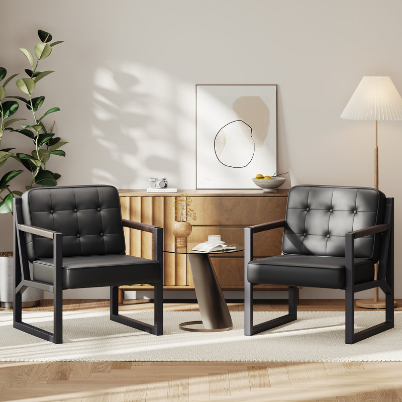 Modern Faux Leather Tufted Back Accent Chair with Metal Frame, Black Faux Leather